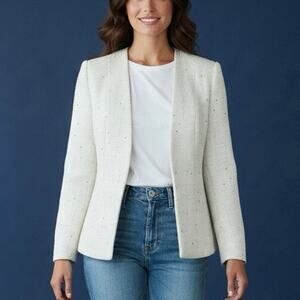Mina Self Open Front Tweed Blazer/Jacket White & metallic gold size small NWT